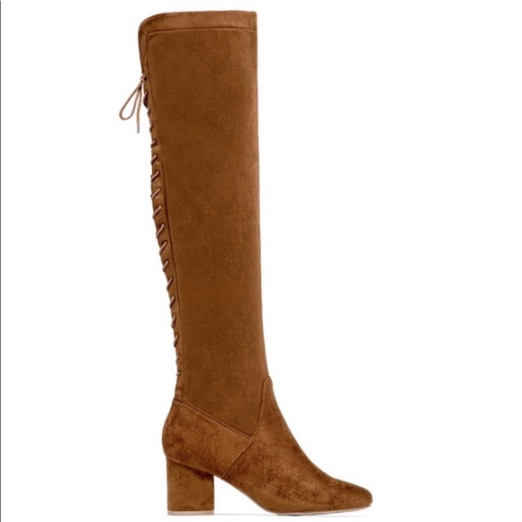 Tan Over The Knee Chunky Low Heel Lace Up Boots - Picture 2 of 9